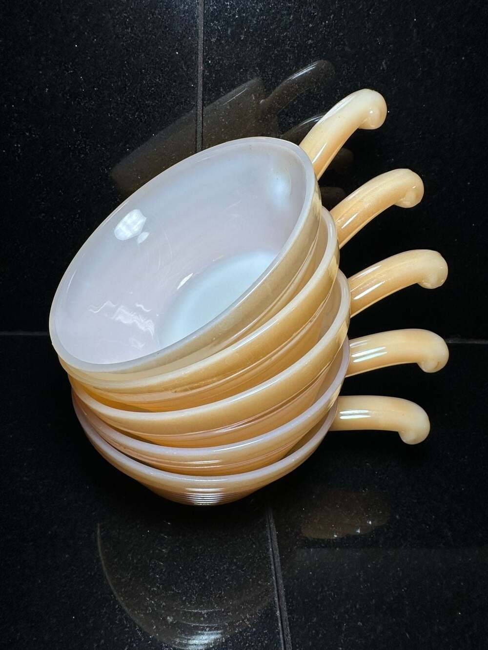 Vintage Fire King Skillet Bowl Milk Glass Peach Lustre Set of 5